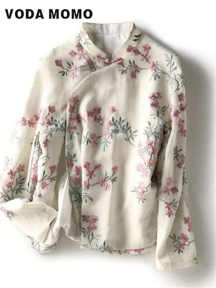 Estilo chino de alta calidad bordado de flores de manga larga otoño Tops de algodón y lino camisa elegante camisa de lino blusa Cheongsam