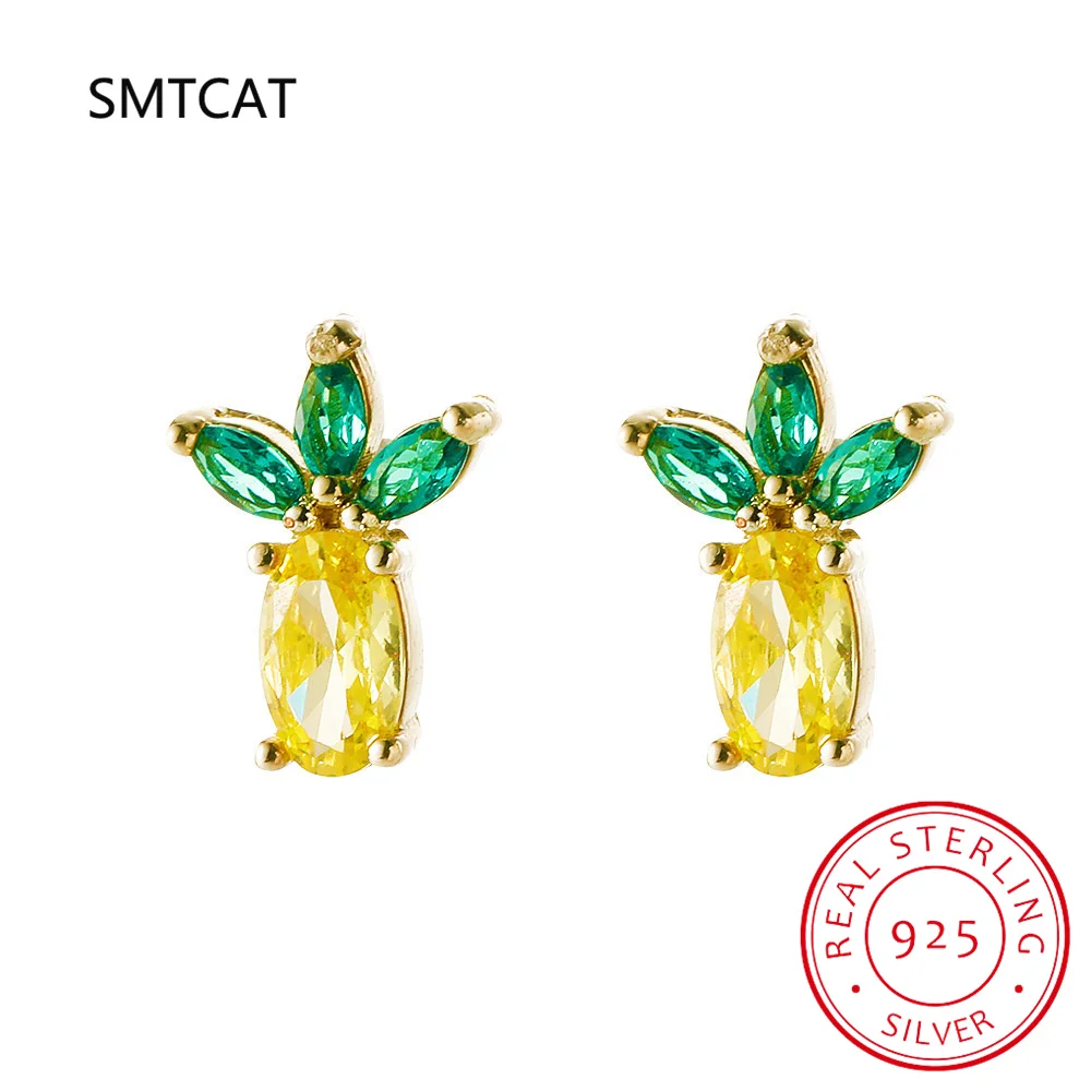 Citrine Pineapple Stud Earring S925 Sterling Silver Crystal Stud Earring Cute Fruit Sweet Earring Brincos de Prata for Women