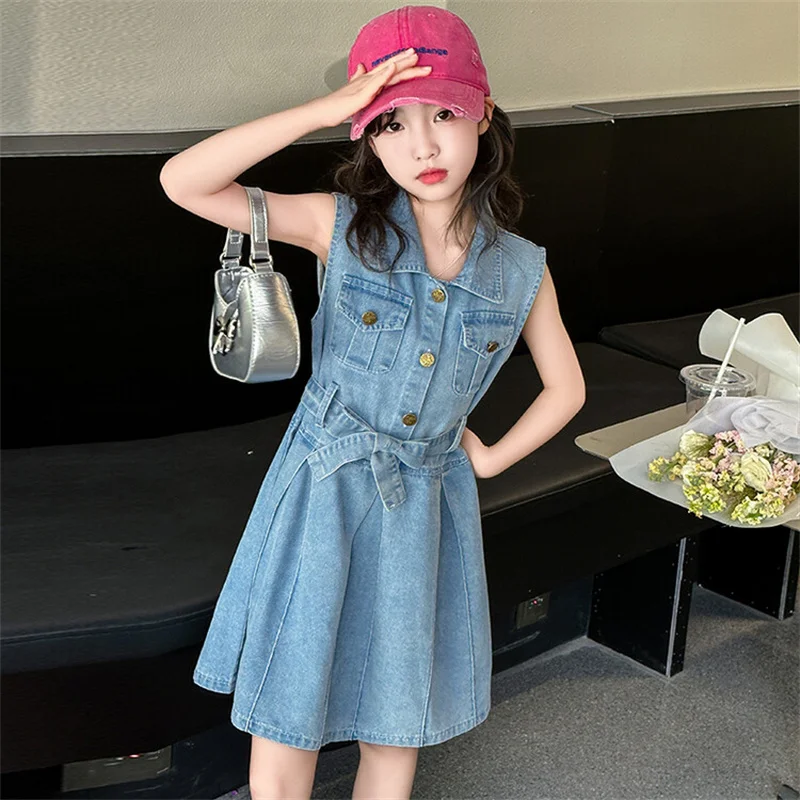 Girls Summer Dress New CuHK Kids Korean chic denim skirt sleeveless trend for little girls 6-12 years old