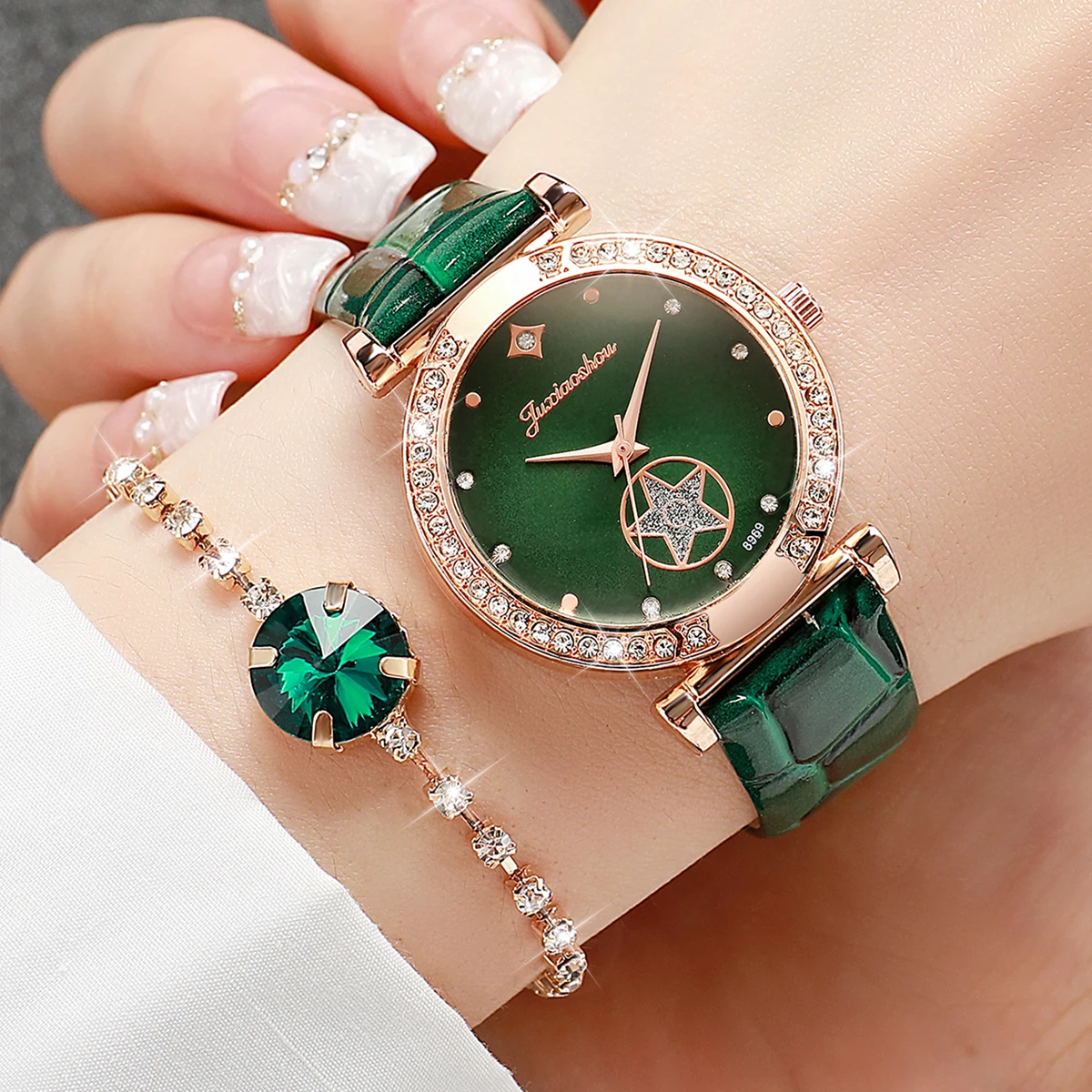 6 stks/set Dames Groen Lederen Band Quartz Horloge met Diamanten Sieraden Set