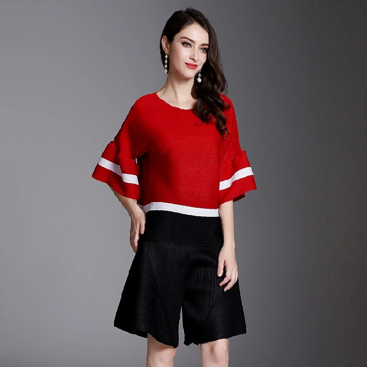 

Loose Fit Flared Sve T-irt Women's Summer Sle round Ne Spliced Color Blo Slimming Large Size Anti-Aging