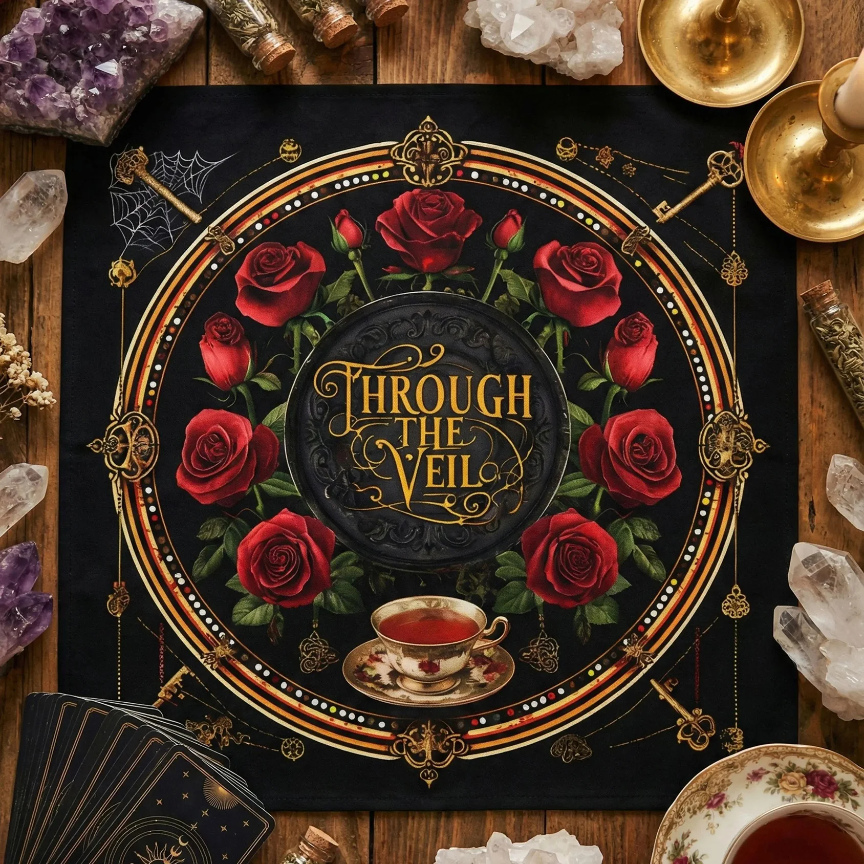 Gotisches Tarot-Tuch mit Vintage-Teetassen, Schlüsseln & Rosen, Dark Wonderland Tischdecke, Hexenartige Altar-Dekoration für Samhain, Wahrsagerei