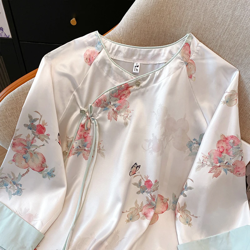 New Chinese Style Floral Jacquard Shirt Elegant Summer Round Neck Casual Top Vintage Traditional Frog Button Women Blouse