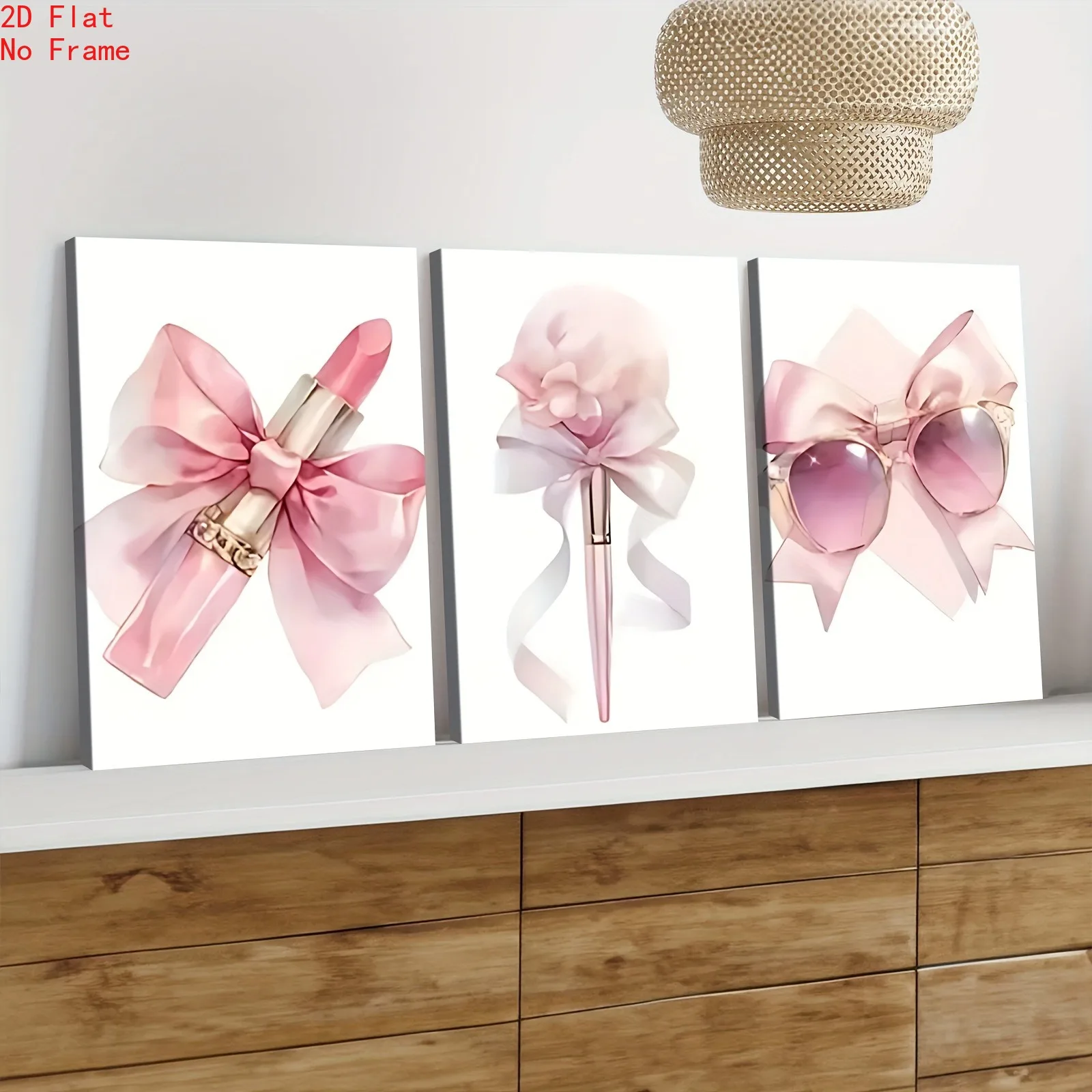 3 pink makeup luxurious bow fashion glasses and lipstick aesthetic canvas posters, elegant home decoration 2D flat printing fram