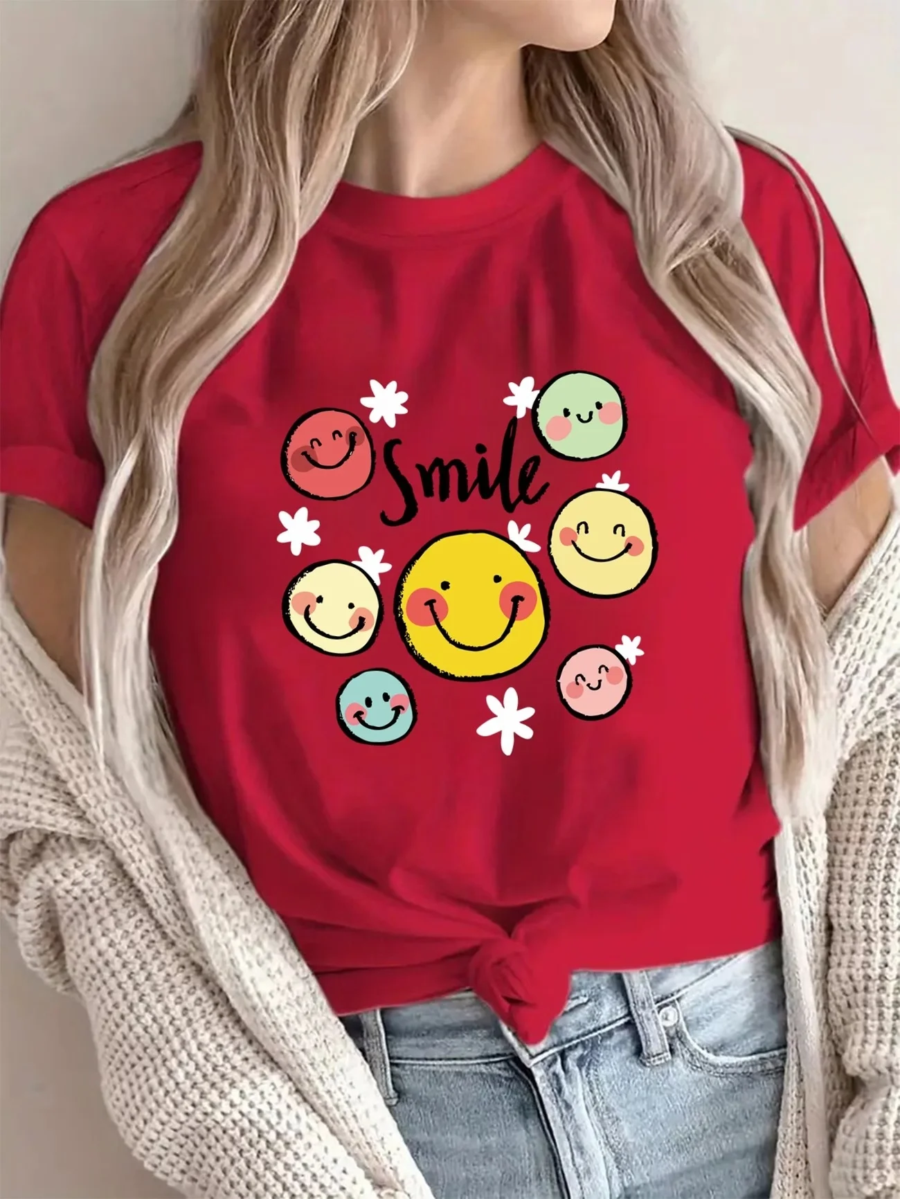 2026 Women Smile Face Print T-Shirt Cute Cartoon Graphic Tee Crewneck Short Sleeve Casual Summer Tops Yellow Summer Tees