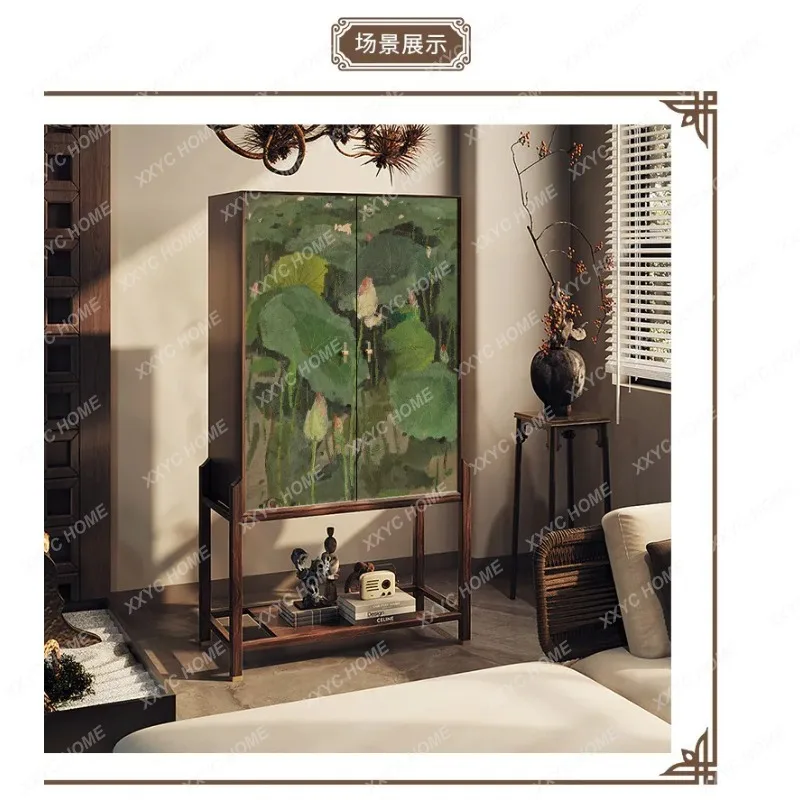 XX new Chinese-style flower solid wood high-footed bucket cabinet, entrance cabinet, floor-to-ceiling against the wall