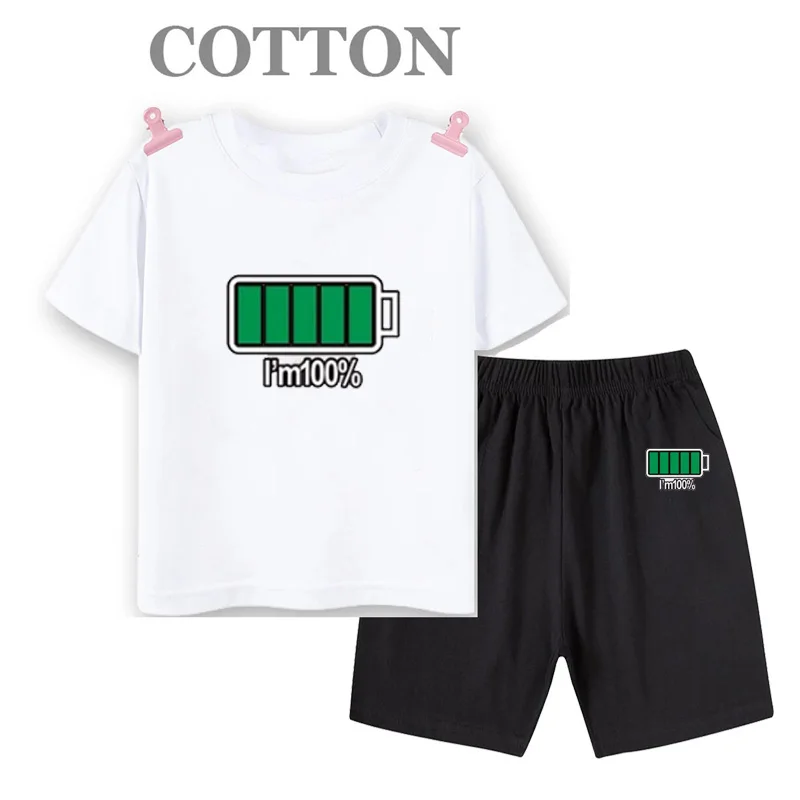 Summer New Full/High/Low Energy Battery T-shirt Shorts 2-piece Set for Children and Boys Casual Round Neck Top 2023 Fun T-shirt