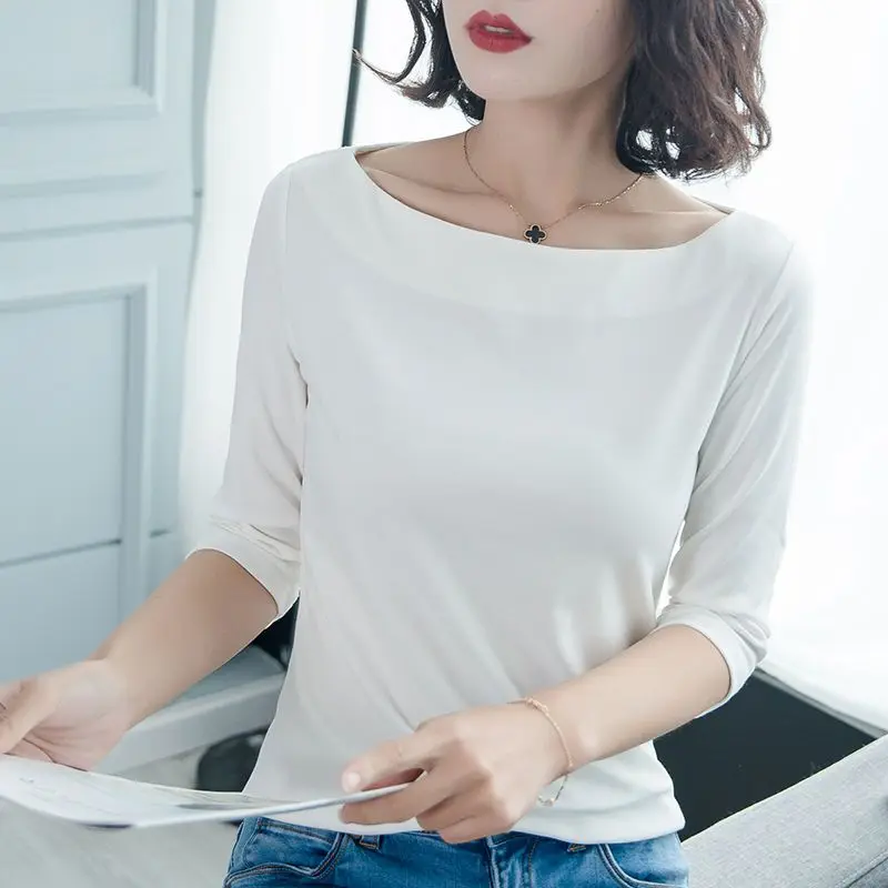 Spring Summer Fashion Solid Color Slash Neck Half Sleeve T-Shirts Ladies Simplicity Slim Thin Top Tee Women Clothing All-match