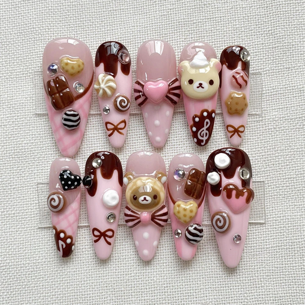 Handmade 3D Doll Sweet Rabbit Cat Rilakkuma Press On Nails Art Pink Chocolate Dessert Cream Cartoon Almond Fake Nails Sticker - view 2