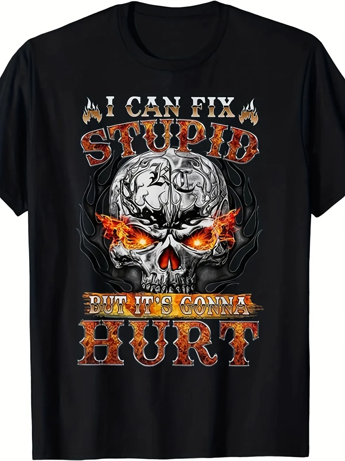 Funny I Can't Fix Stupid But It's Gonna Hurt Flame Skull T-Shirt for Men -