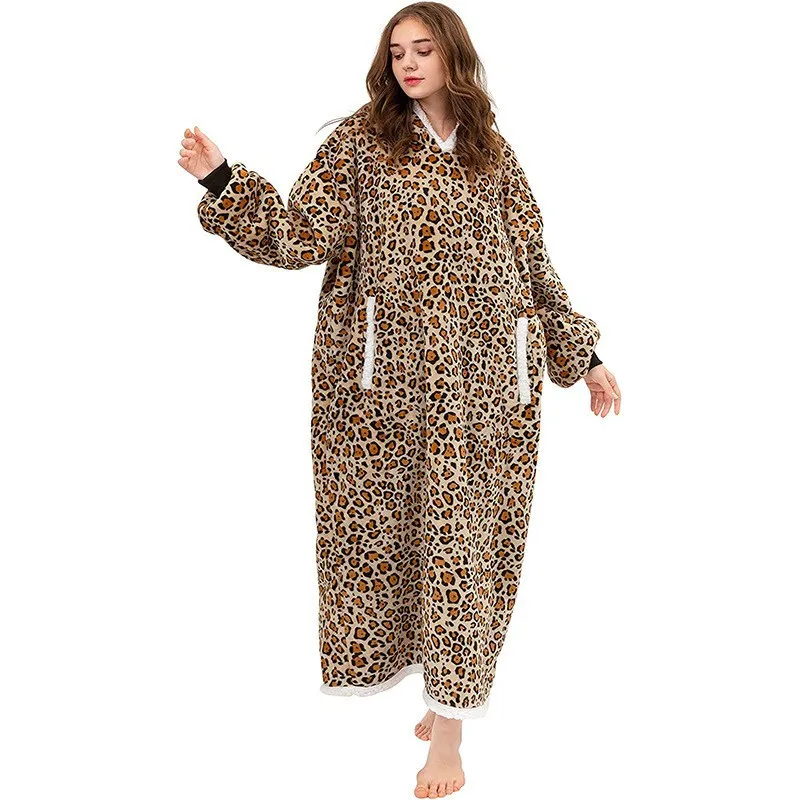 Leopard Print Super Long Flannel Blanket with Sleeves Winter Oversized Hoodies Sweatshirt Unsex Pullover Giant Blanket Hoodie