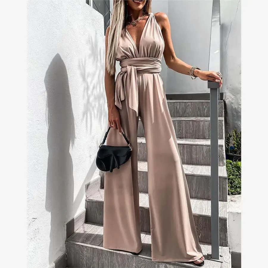 

Sexy Deep V Strapl Long Jumpsuit High Waist Casual Pants Street Sle Summer Women's Faion Polyester 00% Full Length