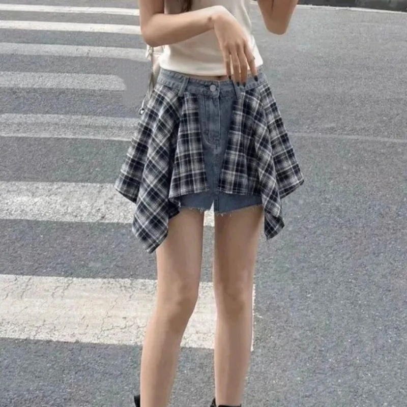 Women's Summer Americal Retro Patchwork Plaid Denim Shorts Skirts Lady Fashion Personality Jeans New Trendy Pants Female 2026