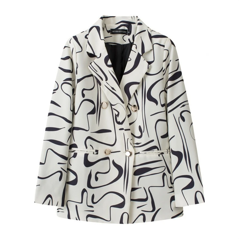 2026 Fashion Spring Autumn Striped Plaid Printed Blazers Women's Suit Jacket Double-breasted Casual Coat Streetwear Tops Blazers