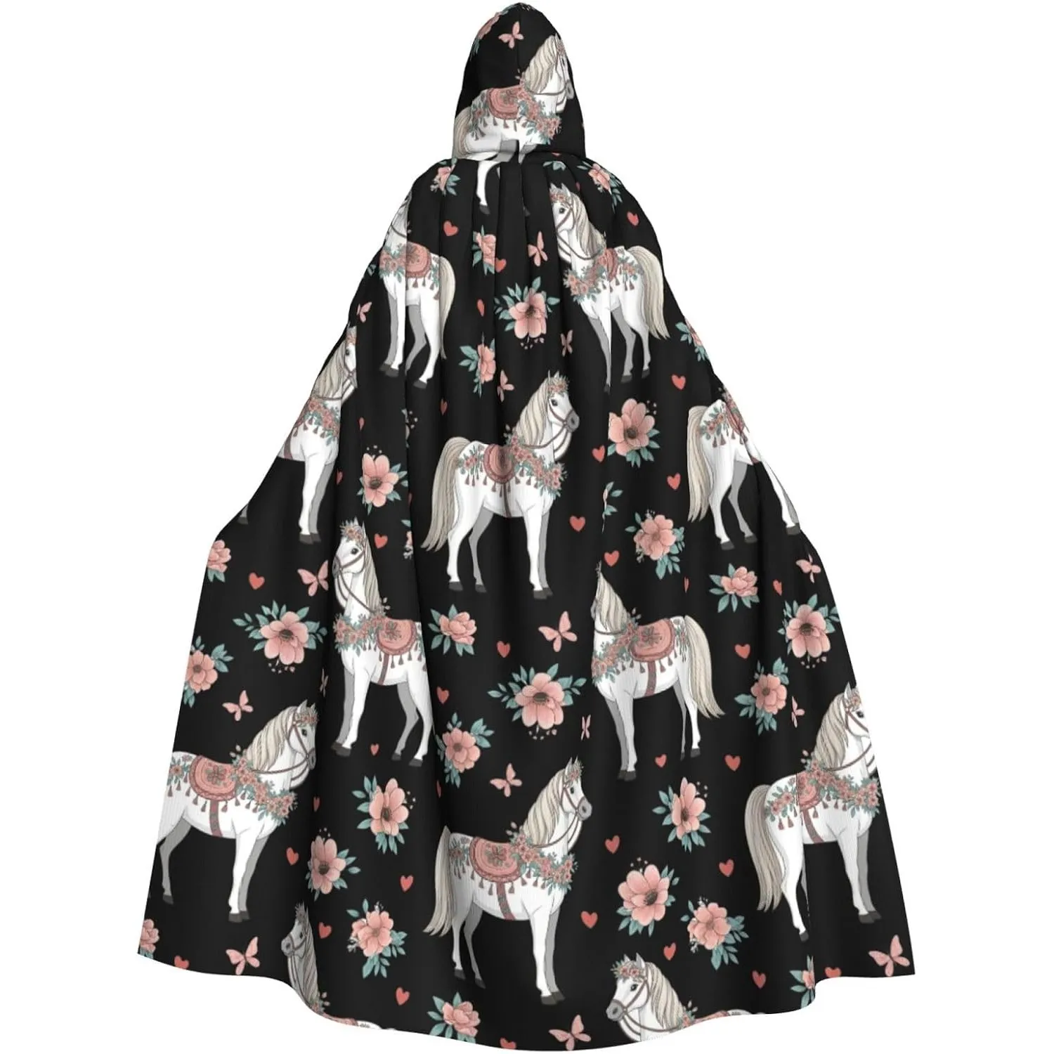 Cartoon Horse Floral Print Hooded Cape Cloak Adult Soft Long Robe for Costume Parties