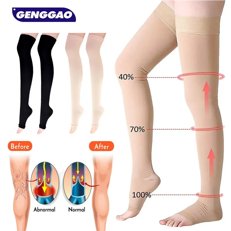 1Pair Thigh High Compression Socks,Firm Support 20-30 mmHg Gradient Compression Stockings with Silicone Band,Treatment for Edema