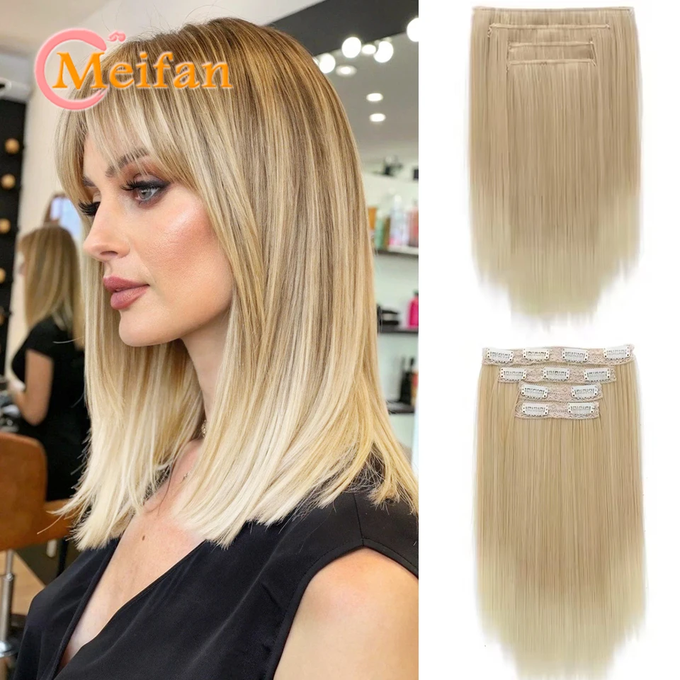 

﻿ Long Straight Hairpiece 4PCS/Set Clip in Hair Extensions Synthetic Blonde Highlights Hairpiece Straight Hair For Women Daily
