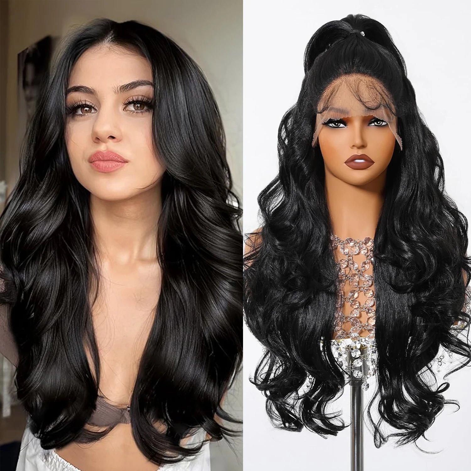 

Black Synthetic Lace Front Wig 13×6 HD Lace Body Wave Wig Pre Plucked Layered Wig for Women Daily Use Hair Wig 26IN