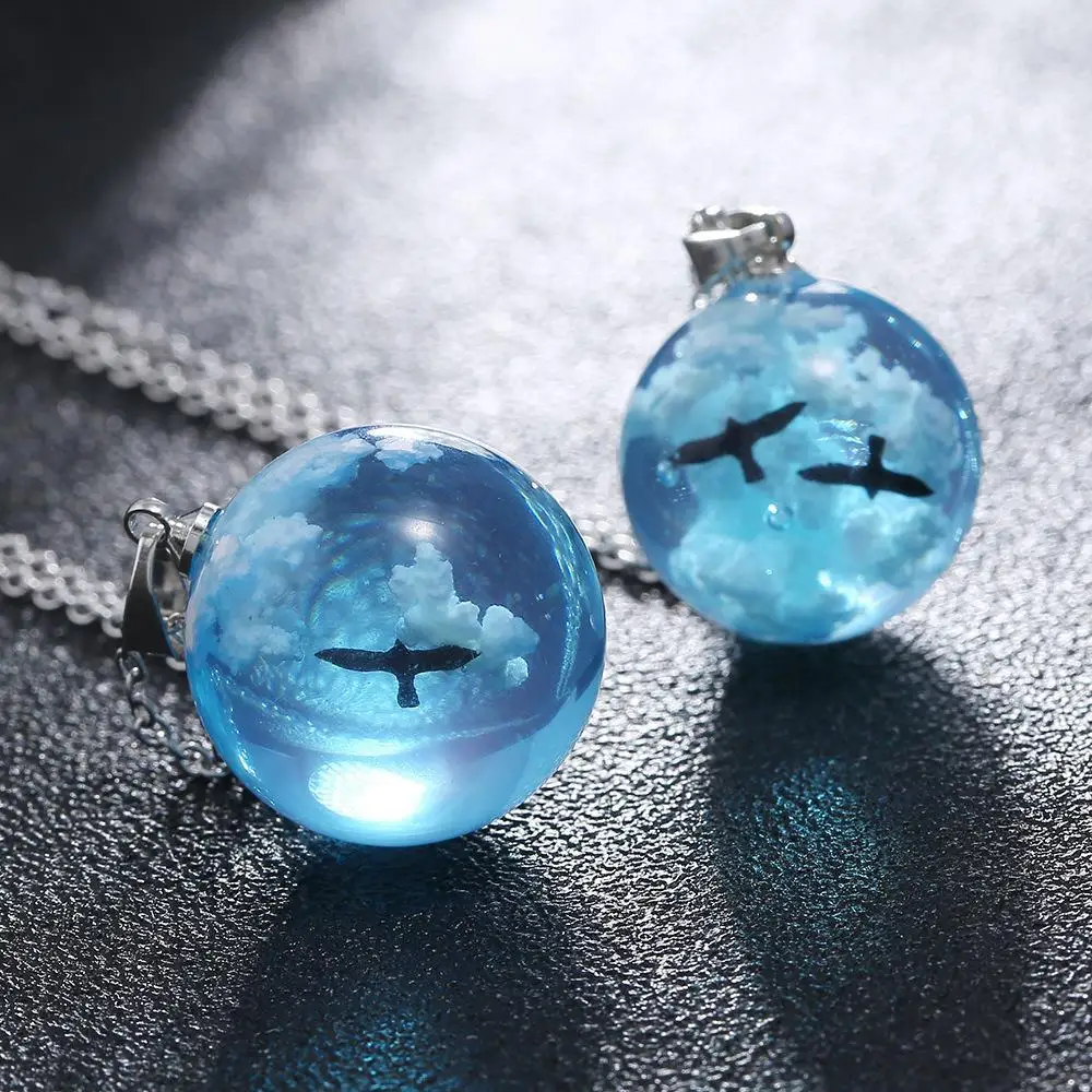 Dream Planet Cartoon Blue Sky White Cloud Necklace Double Birds Spherical Cloud Gift for Girlfriend