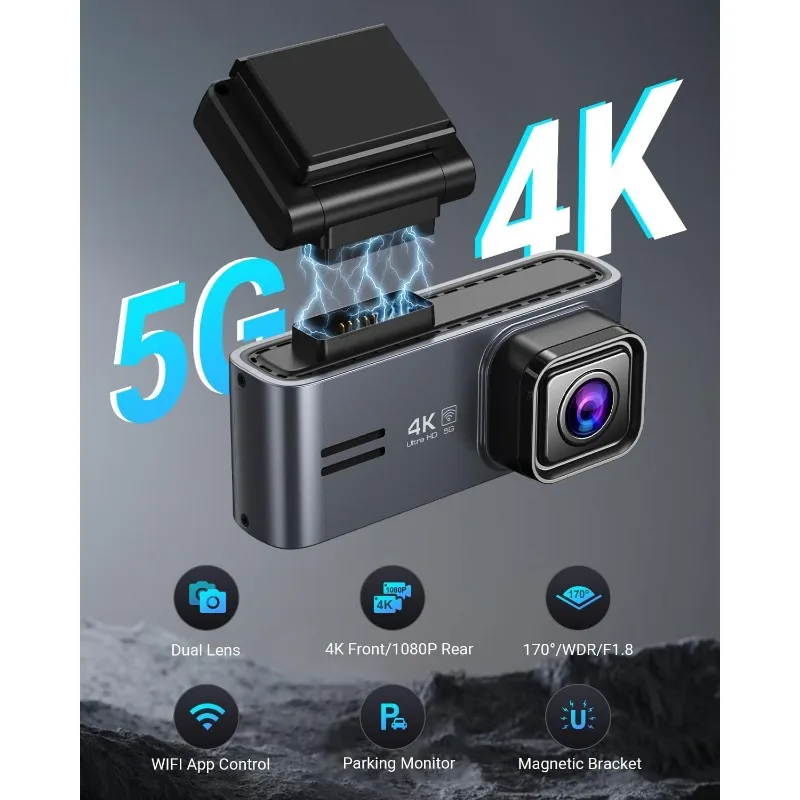 Dash Cam Frontal e Traseiro - Cam com 5G WiFi 2160P Visão Noturna 24H Modo Estacionamento 170 ° Porta USB C de gravação em loop com sensor G largo