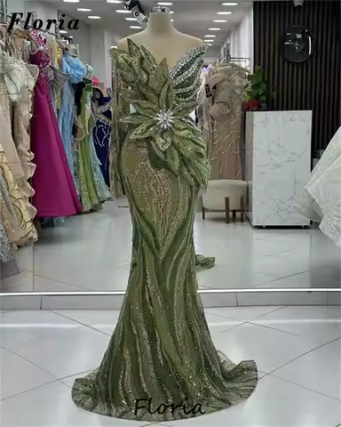 High Fashion Green Mermaid Cocktail Dresses Arabic Dubai Beading Wedding Party Dress Birthday Evening Dress 2025 Customized
