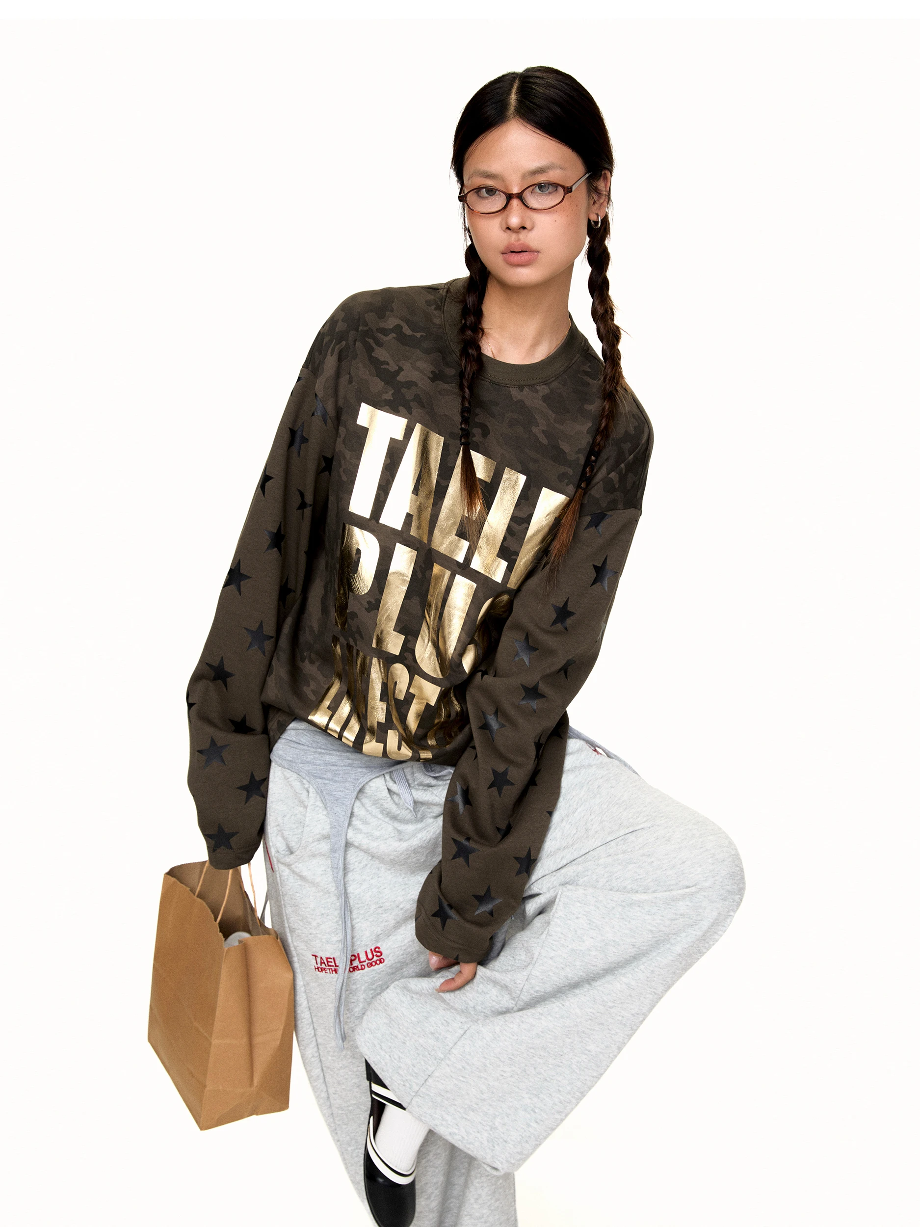 Blackbb American Street Style Gold Stamp Camouflage Letter Print Long Sleeve T-Shirt Women's Vintage Loose Top Casual Fashion