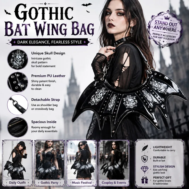 Gothic Bat Wing Bag Black, Leather Shoulder Bag Backpack Crossbody, Purse Punk Skull Handbag Cosplay, Party Travel Accessories