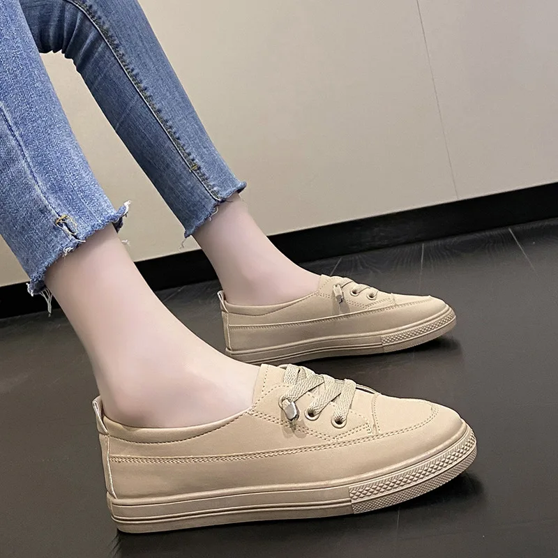 Women\'s Casual Shoes Solid Lace Up Sneakers PU Leather Vulcanized Shoes Ladies Lightweight Soft Sole Flat Shoes Slip on Loafers