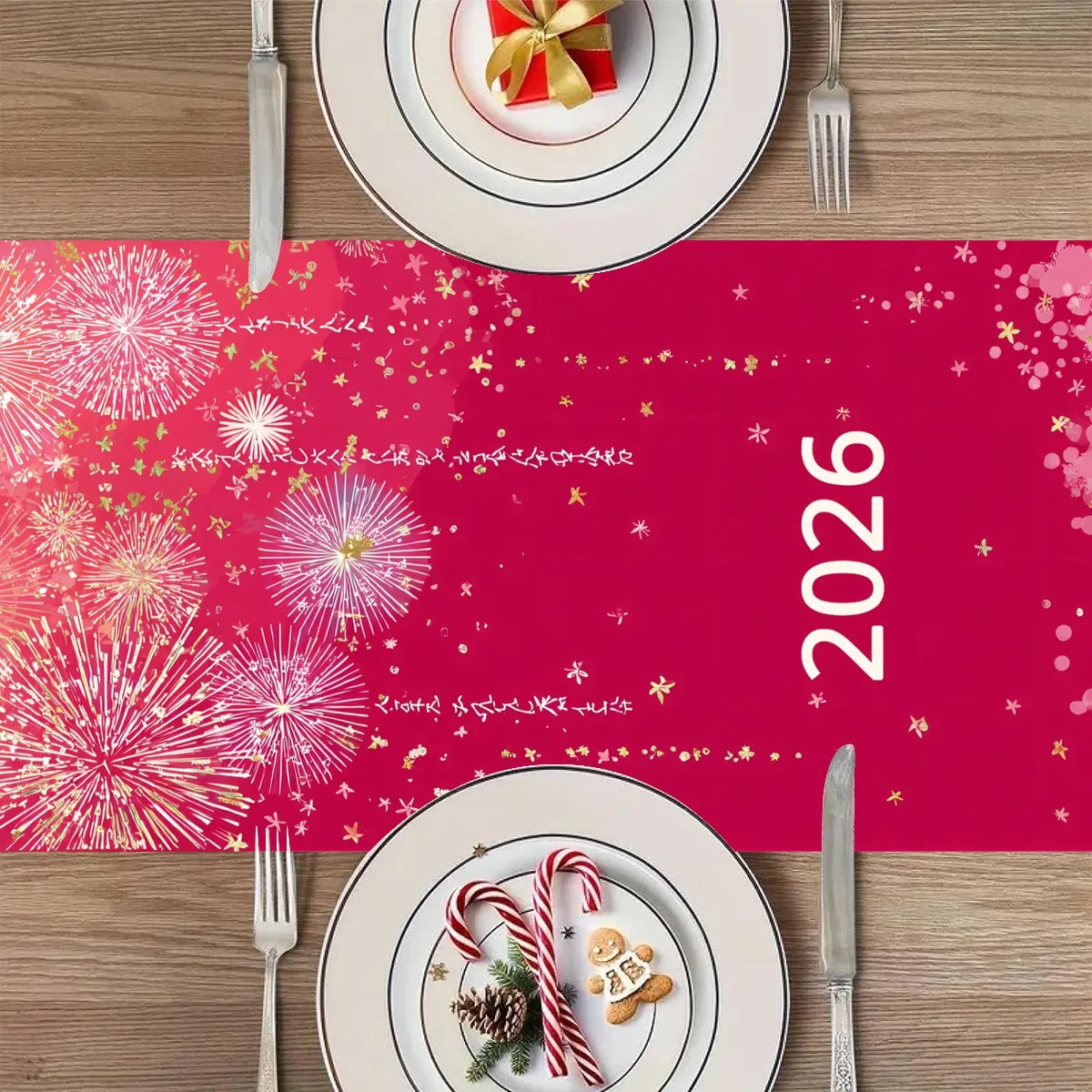1 قطعة السنة الجديدة 2026 مفرش طاولة من الكتان للألعاب النارية باللون الذهبي الوردي ، تصميم مسطح ثنائي الأبعاد ، جاهز للعام الجديد ، مثالي لطاولة الطعام/المطبخ #2