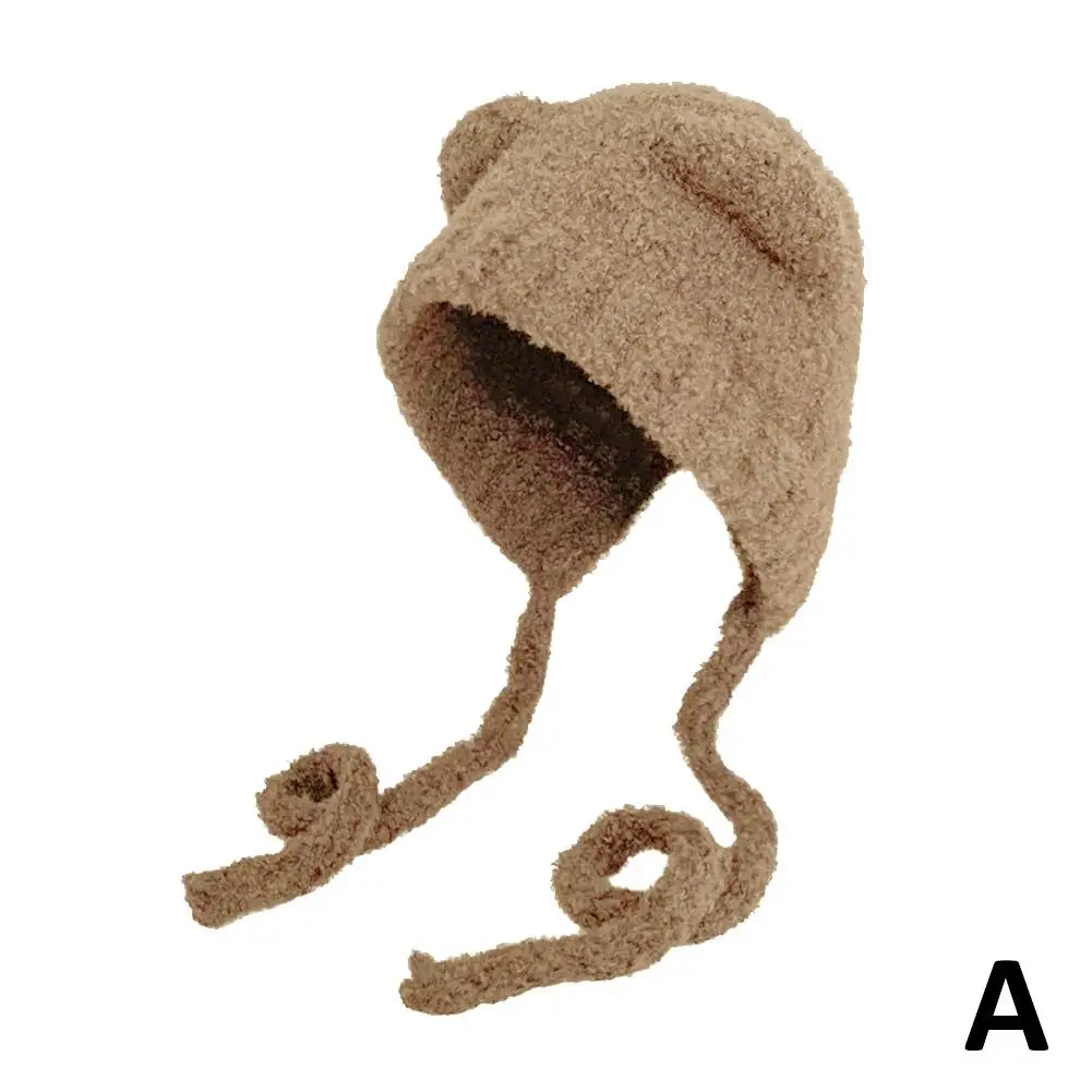 Winter Plush Beanies Cute Bear Ear Wool Hat Warm Lace-up Knitted Cap Bomber Women Knitting Korea Gorros Ear Bonn Y3a7