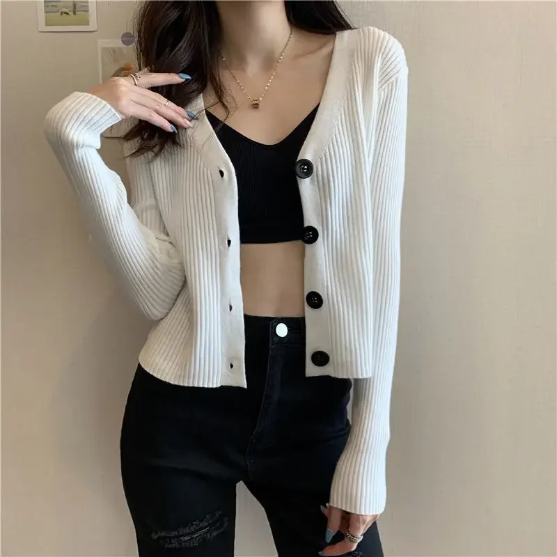 Woman Sweaters Cardigan V-neck Knitted Cardigan Sweater Coat Women\'s Autumn Outer Wear White Long-Sleeved Top Sueters De Mujer