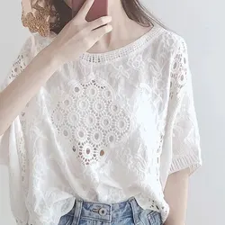 Mori Girl Style Solid Color Loose Blouse 2023 Summer Fashion Hollow Out Casual Round Neck Women's Clothing Lace All-match Shirt