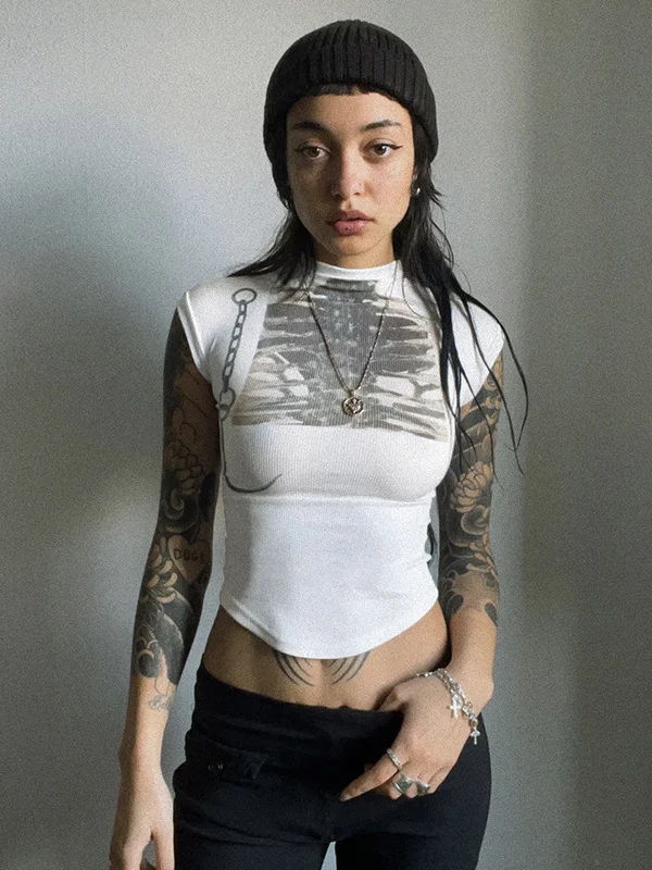 Alta ne apertado ort sve camiseta impressa f gola alta bodycon topo mistura de poliéster senhoras faion casual camiseta