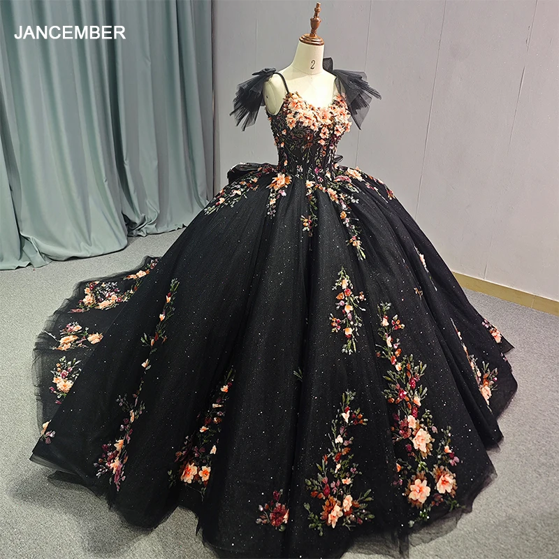 Vestido de Baile com Alças Espaguete, Vestidos Quinceanera, Apliques, Esmeralda, Preto, Festa de Aniversário, 15 Anos