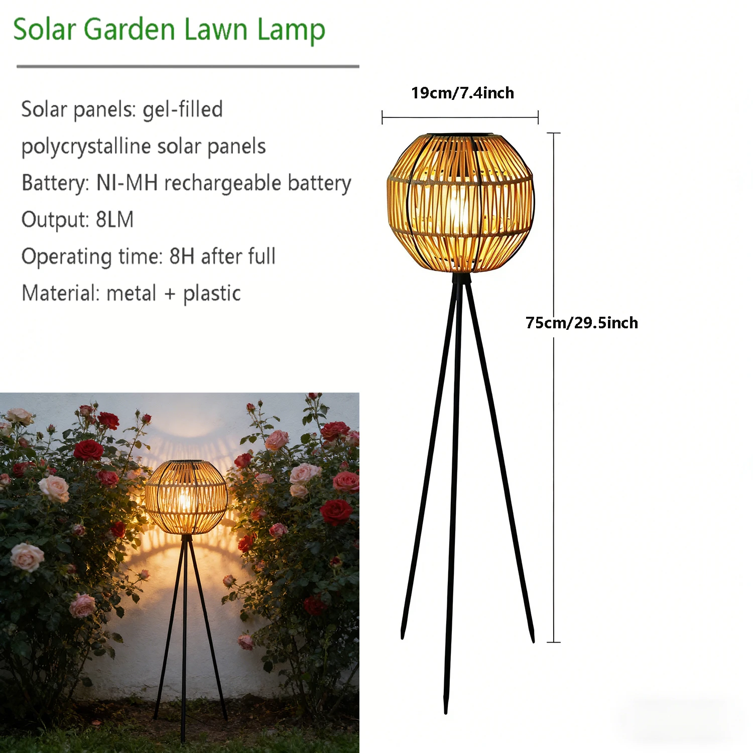Handgefertigte Rattan-Solar-Stehlampe, Keine Externe Stromversorgung Erforderlich, Geeignet für Außenterrassen, Gartendekoration, Wegegestaltung und Feiertagsatmosphäre-Erzeugung – Detail 6