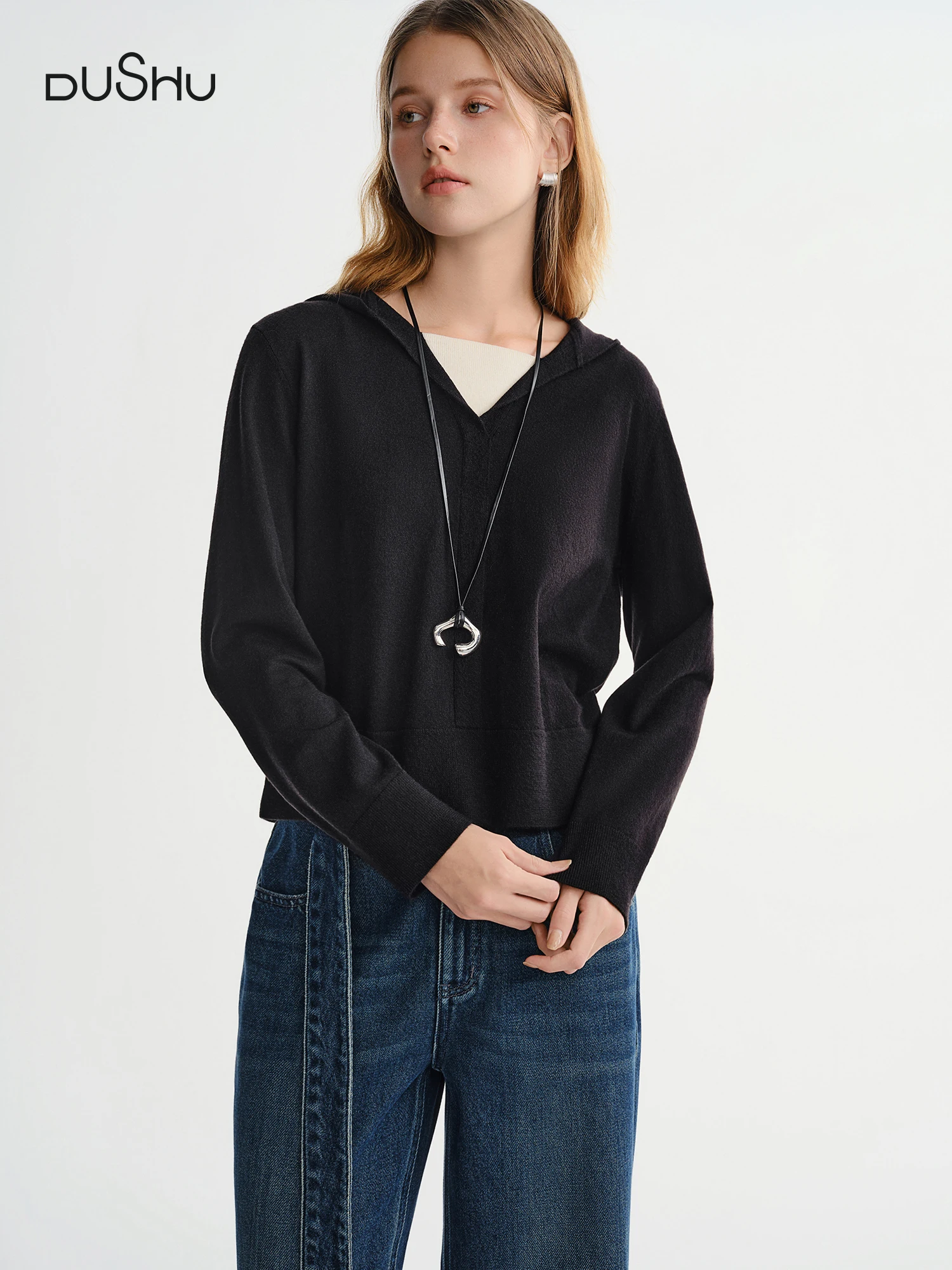 

DUSHU Winter 2025 Women's Mock Layer Hooded Knit Sweater - Fake Two Piece Oversized Comfort Fit Pullover Soft Touch for Casual