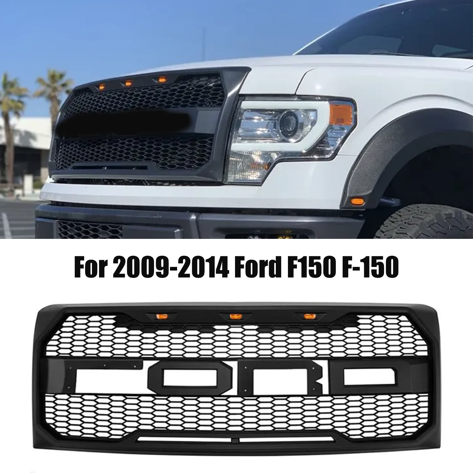 For 2009-2014 Ford F150 F-150 Raptor Style Grille Front Grill with Light Matte Black