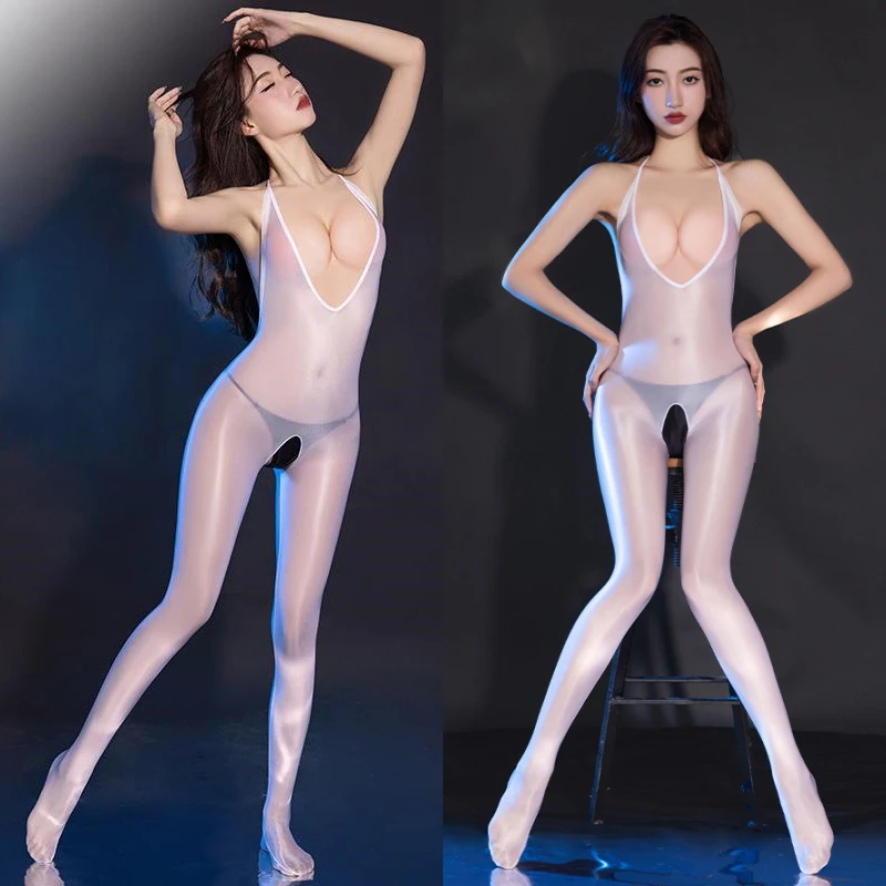 Halter Backless Deep V-neck Full Body Stockings Female Erotic Open Crotch Bodysuits Women Sexy Oil Shiny Pole Dance Clubwear