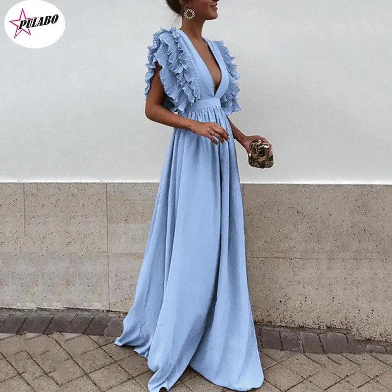 

PULABO Women Floor Length Solid Color Party Dress Female Summer Autumn V Neck Short Sleeve Maxi Long Elegant Sexy Dresses Female