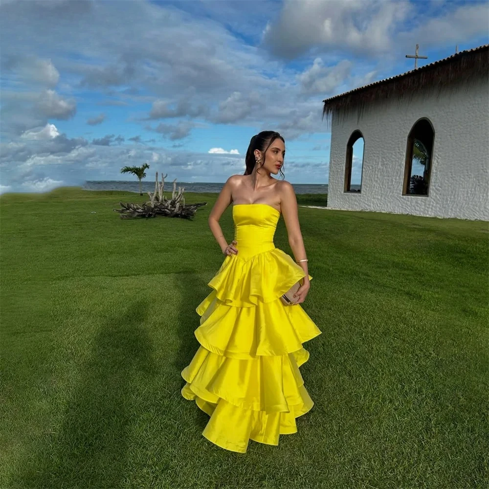 Yellow Evening Gown Strapless Sleeveless Prom Dress A Line Wedding Evening Dress Multilayered Robes De Soirée Customized