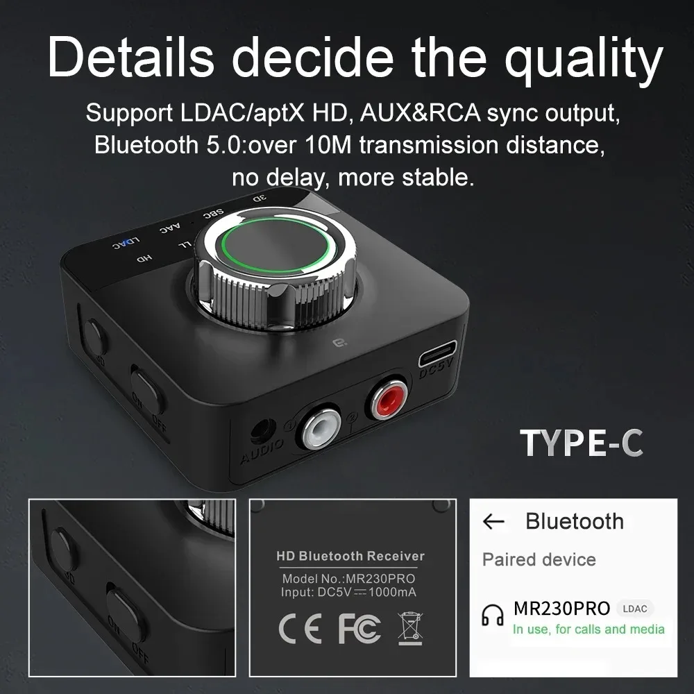 AYINO MR230 PRO LDAC Bluetooth Wireless Audio Receiver Adapter With Mic RCA 3.5m Jack Aux 3D Stereo aptX HD for TV Car Speaker