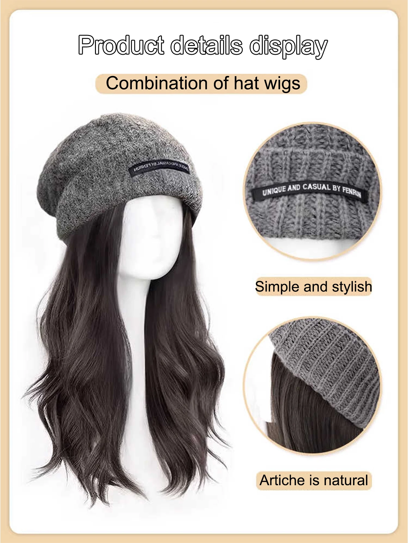 BEAUTYENTER Synthetic Hat Wig For Women With Long Hair Fashionable Autumn And Winter Warm Wool Knitted Beanie Curly Hair Wig Hat image 4