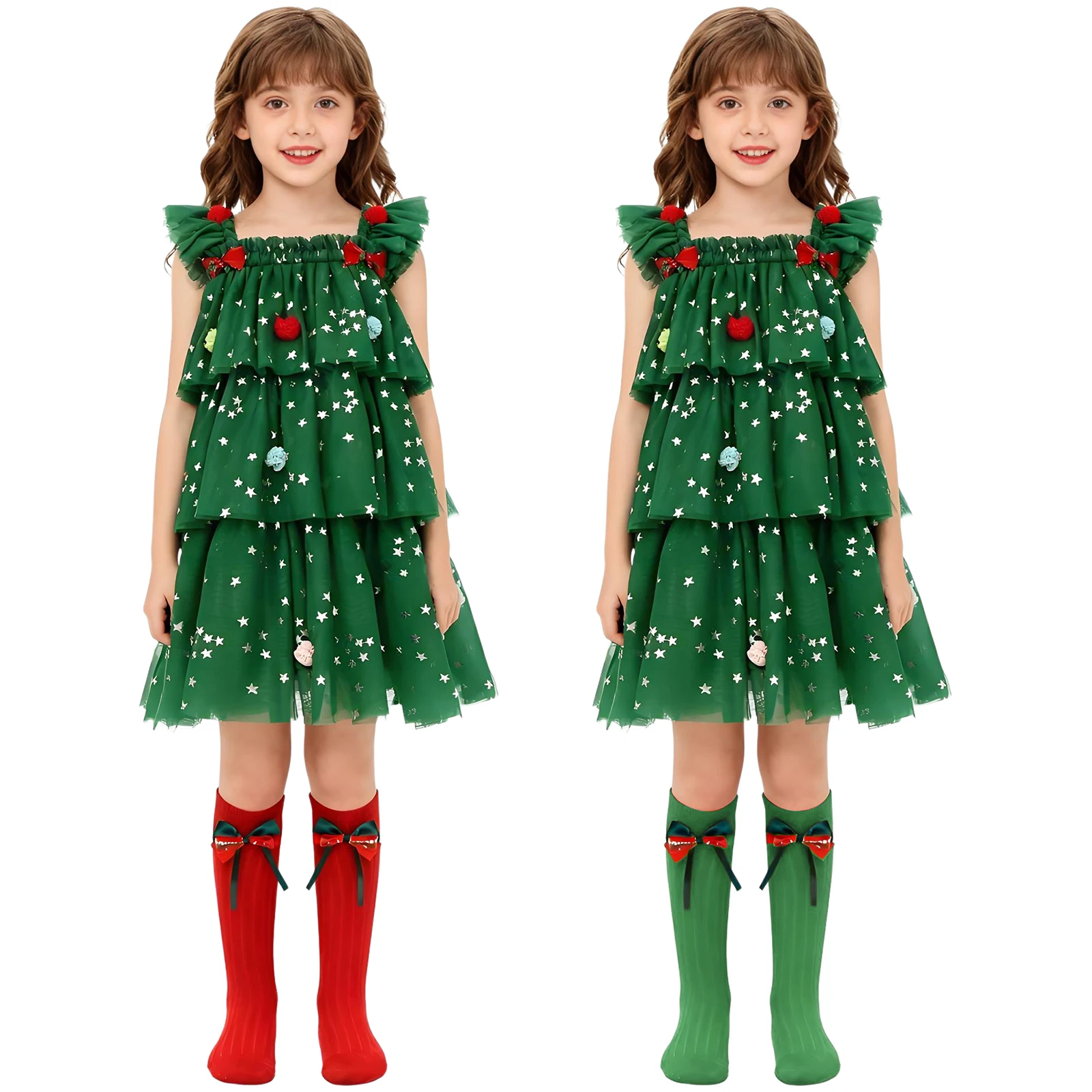 Disfraz de elfo de árbol de Navidad para niñas de 1 a 8 años, vestido tutú de tul en capas con estampado de estrellas y calcetines para Navidad, Año Nuevo, fiesta de disfraces de Halloween