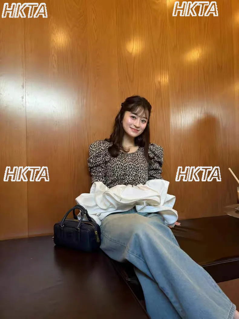 

Japanese Ruffle Edge Bubble Round Neck Leopard Print T Shirts Top 2025 Autumn Winter New Fashion High Street Cool Tshirt Women