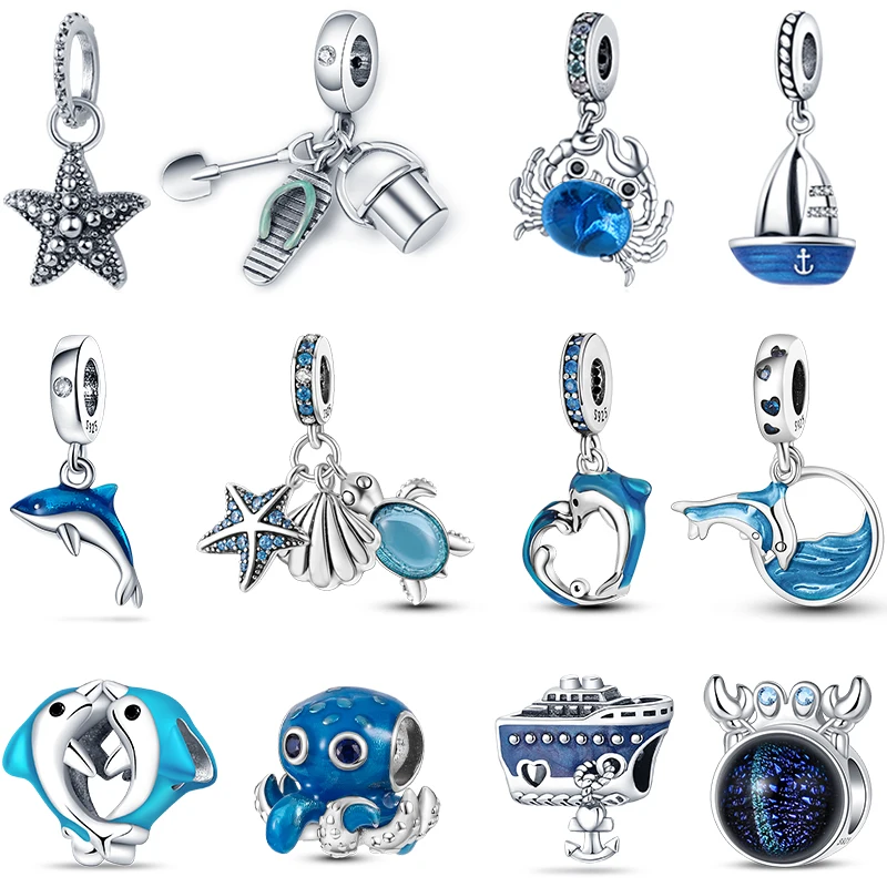 

100% 925 Sterling Silver Dolphin Crab Beach Ocean Vacation Charms Beads Fit Pandora Original Bracelets DIY Holiday Jewelry Gift