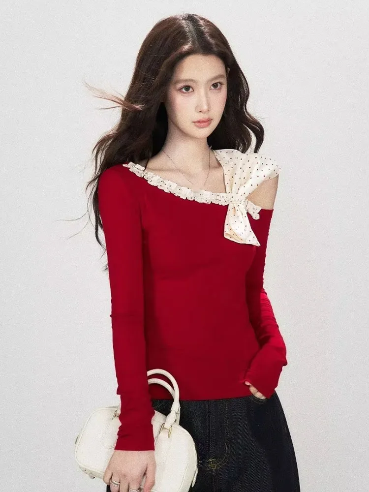 Women T Shirts Patchwork Polka Dot Diagonal Collar Off Shoulder Bow Long Sleeve Slim Vintage Elegant Tops Female