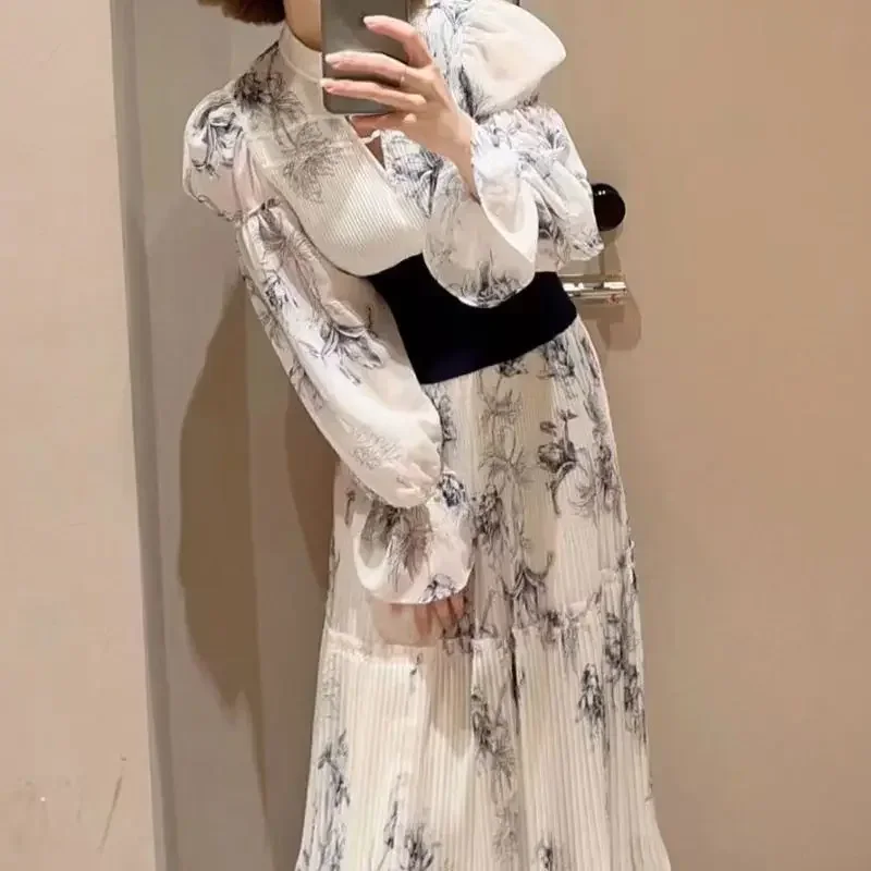 

2023 summer women's new puff sleeve dress lace elegant print tie fashion casual maxi dress for women