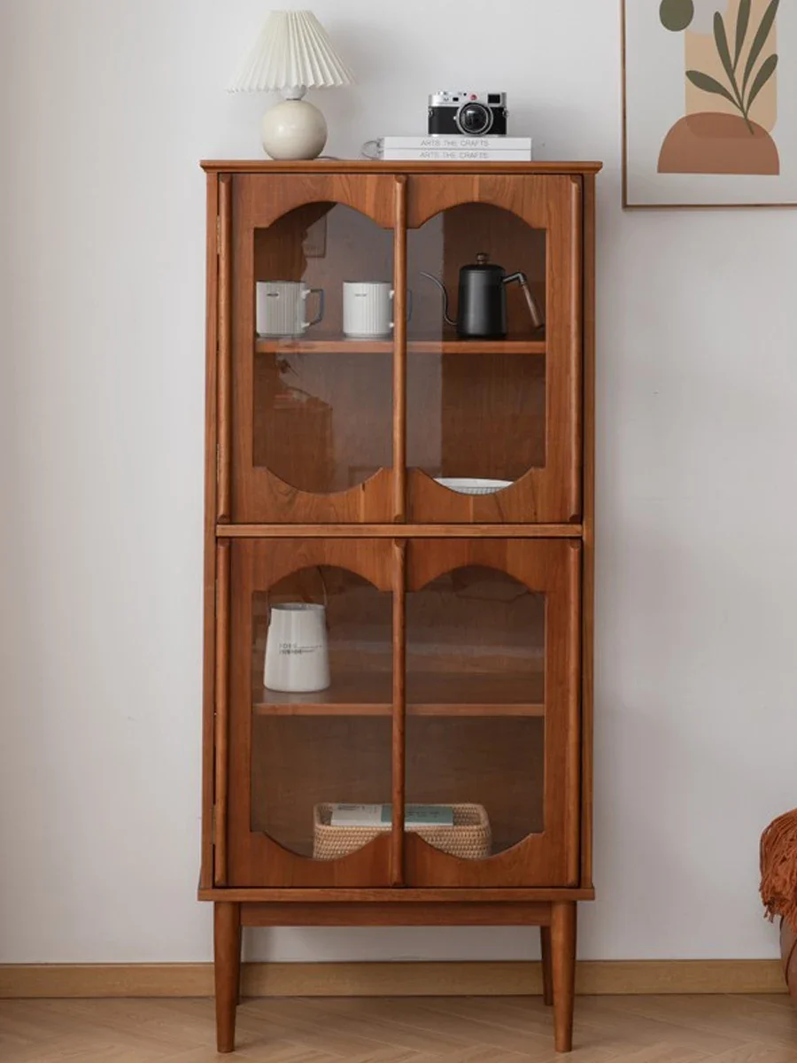 All solid wood display cabinet, living room cherry wood glass wine cabinet, teak decorative storage side cabinet