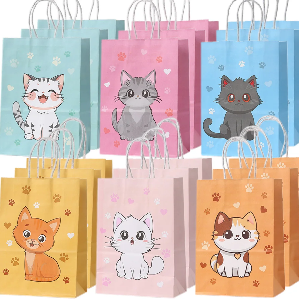 Image of 5/30/50 Stück Katzen-Party-Geschenktüten, Niedliche Kätzchen-Süßigkeitentüten mit Griff, Papiertüten für Babypartys, Kindergeburtstage, Kätzchen-Party-Deko-Zubehör