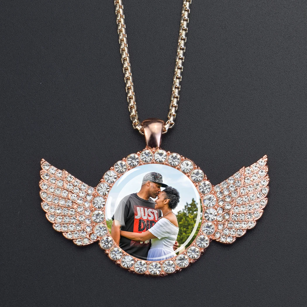 DHQH Customized Picture Necklace Personalized Photo Angel Wings Water Diamond Pendant Necklace Creative Fashion Hip Hop Jewelry view 5